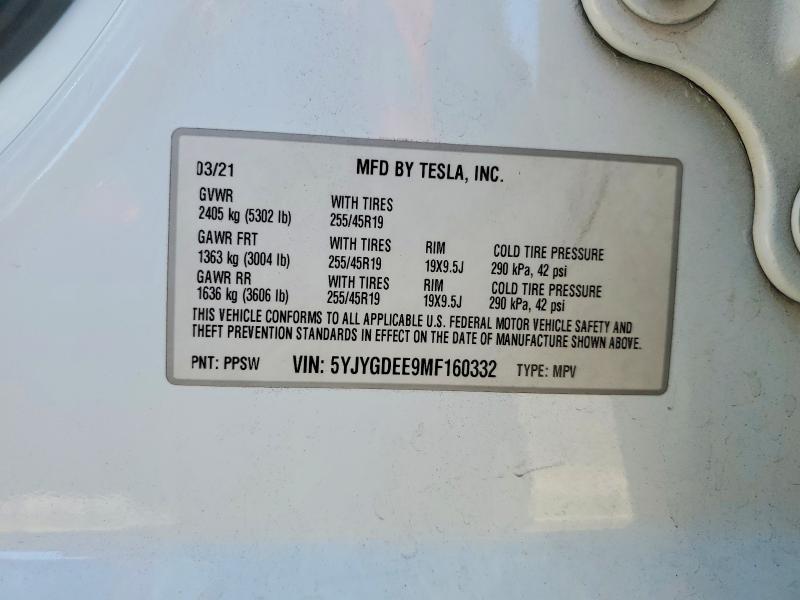 58400176 :رقم المزاد ، 5YJYGDEE9MF160332 vin ، 2021 Tesla Model Y مزاد بيع