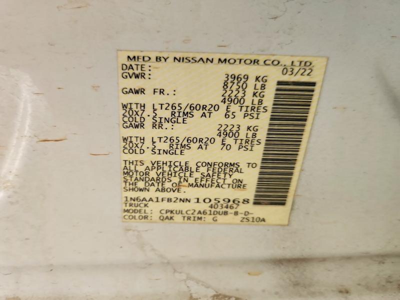 60968726 :رقم المزاد ، 1N6AA1FB2NN105968 vin ، 2022 Nissan Titan Xd مزاد بيع