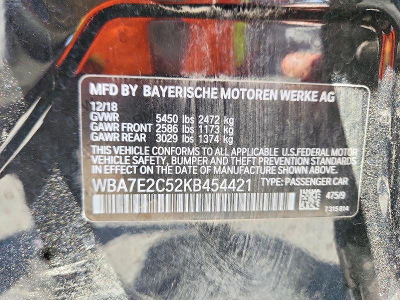 2019 Bmw 740 მანქანა იყიდება აუქციონზე, vin: WBA7E2C52KB454421, აუქციონის ნომერი: 62792856