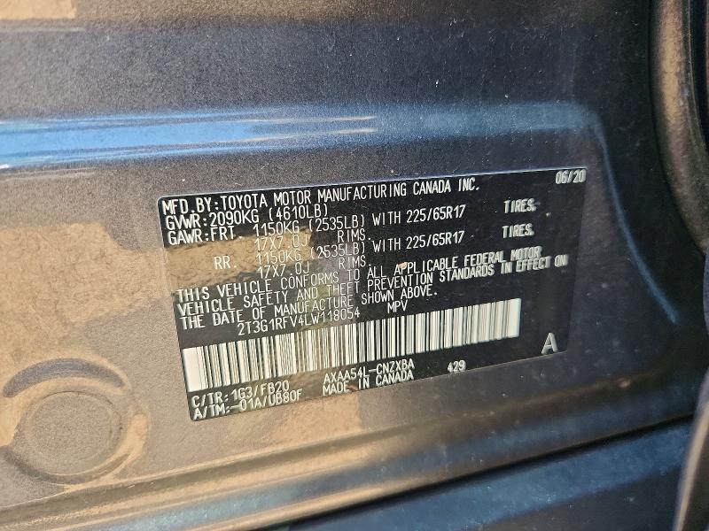 61363576 :رقم المزاد ، 2T3G1RFV4LW118054 vin ، 2020 Toyota Rav4 مزاد بيع