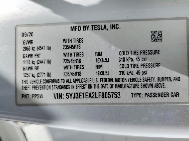 Продаж на аукціоні авто 2020 Tesla Model 3, vin: 5YJ3E1EA2LF805753, номер лоту: 60489396