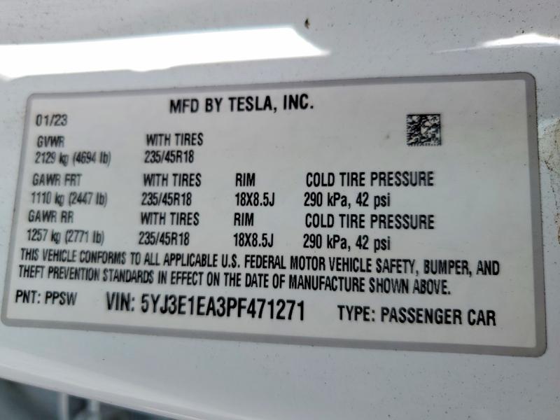 Aukcja sprzedaży 2023 Tesla Model 3, vin: 5YJ3E1EA3PF471271, numer aukcji: 61006456