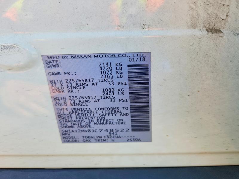 2018 Nissan Rogue მანქანა იყიდება აუქციონზე, vin: 5N1AT2MV8JC748522, აუქციონის ნომერი: 60880086
