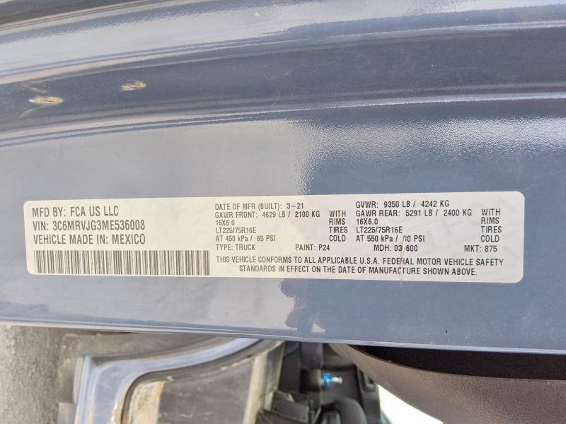 60036056 :رقم المزاد ، 3C6MRVJG3ME536008 vin ، 2021 Ram Promaster 3500 مزاد بيع
