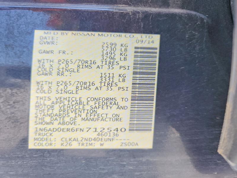 2015 Nissan Frontier მანქანა იყიდება აუქციონზე, vin: 1N6AD0ER6FN712540, აუქციონის ნომერი: 62948176