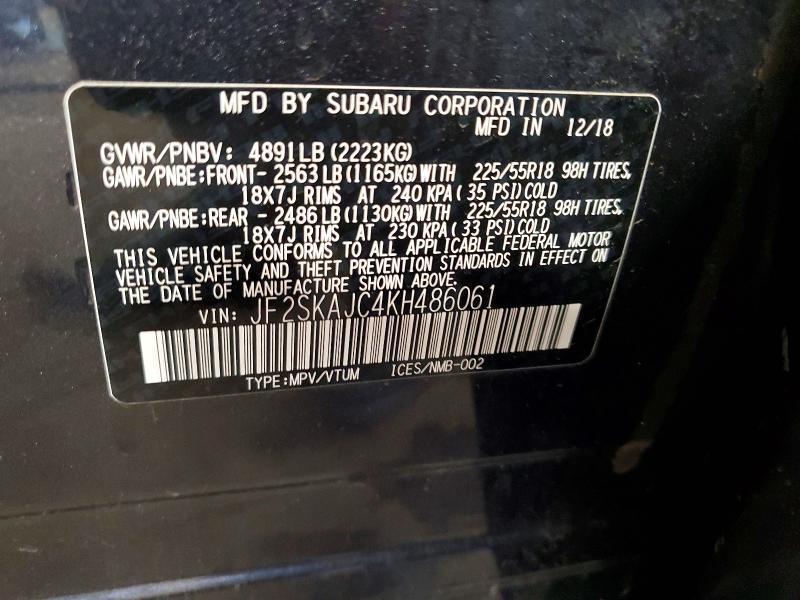 62318346 :رقم المزاد ، JF2SKAJC4KH486061 vin ، 2019 Subaru Forester مزاد بيع