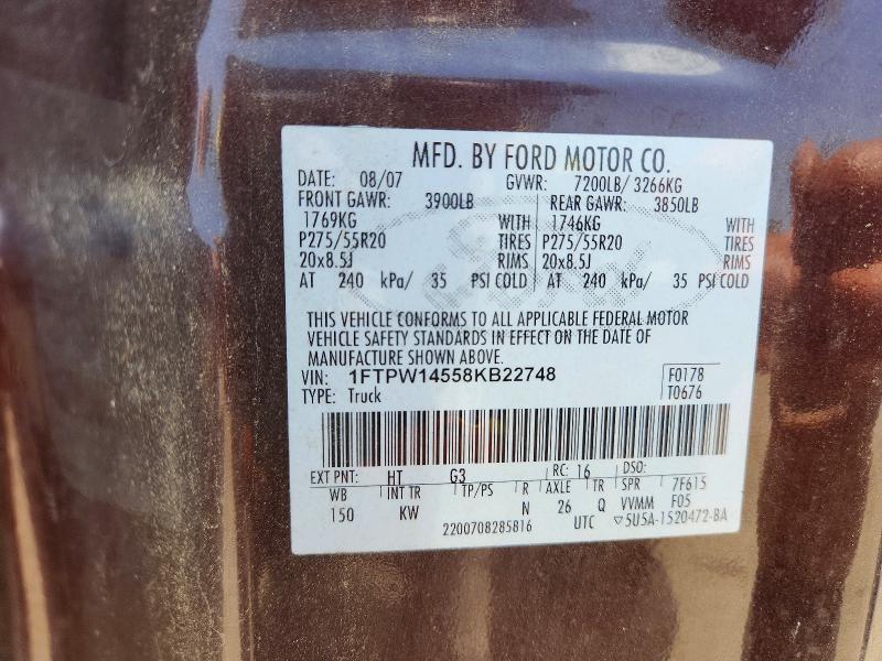 2008 Ford F150 მანქანა იყიდება აუქციონზე, vin: 1FTPW14558KB22748, აუქციონის ნომერი: 58793166