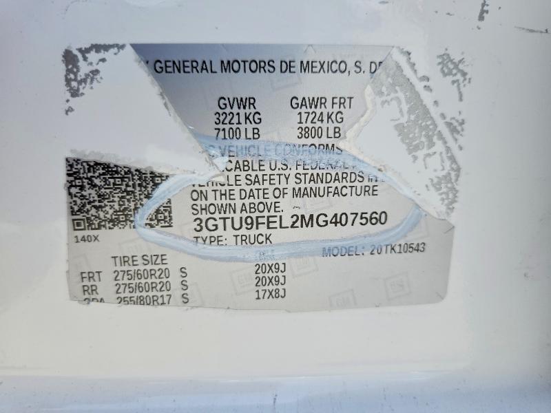 2021 Gmc Sierra მანქანა იყიდება აუქციონზე, vin: 3GTU9FEL2MG407560, აუქციონის ნომერი: 56952446
