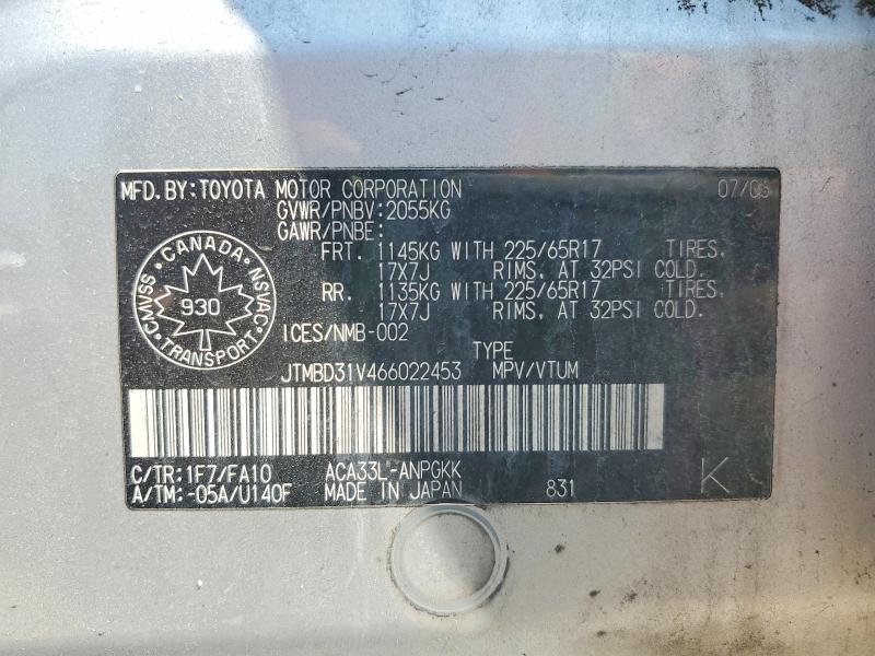 61944416 :رقم المزاد ، JTMBD31V466022453 vin ، 2006 Toyota Rav4 مزاد بيع