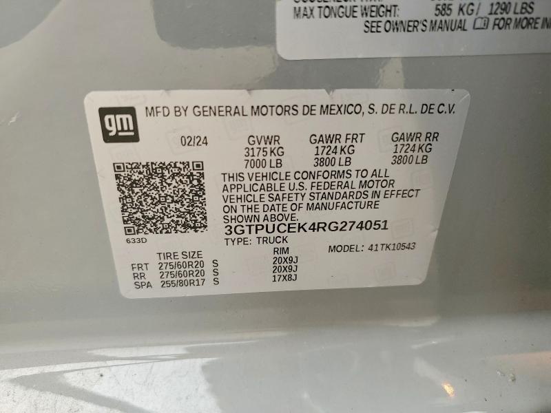 Aukcja sprzedaży 2024 Gmc Sierra, vin: 3GTPUCEK4RG274051, numer aukcji: 61288276