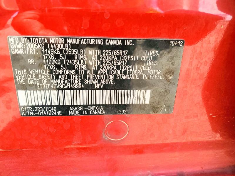 Aukcja sprzedaży 2012 Toyota Rav4, vin: 2T3ZF4DV9CW149994, numer aukcji: 61065286