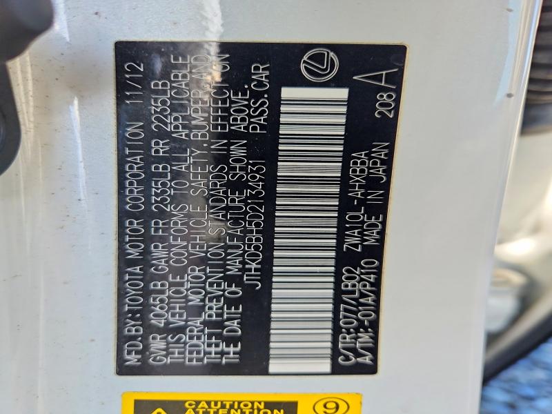 62971396 :رقم المزاد ، JTHKD5BH5D2134931 vin ، 2013 Lexus Ct مزاد بيع