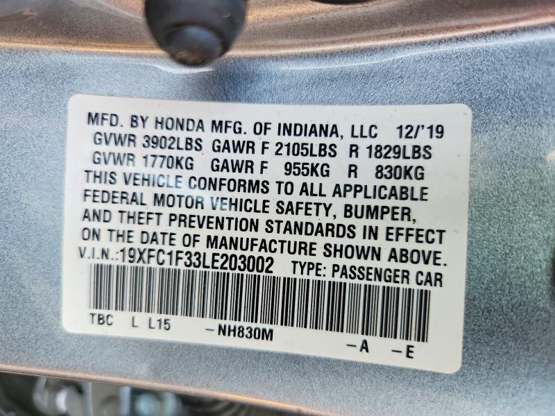 Продаж на аукціоні авто 2020 Honda Civic, vin: 19XFC1F33LE203002, номер лоту: 61389346