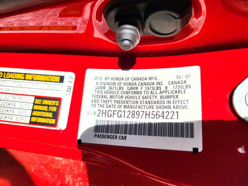 Продажа на аукционе авто 2007 Honda Civic, vin: 2HGFG12897H564221, номер лота: 62826966