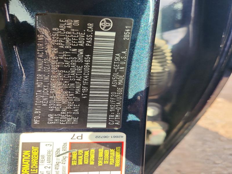 Aukcja sprzedaży 2012 Toyota Camry, vin: 4T1BF1FK4CU064654, numer aukcji: 58943376