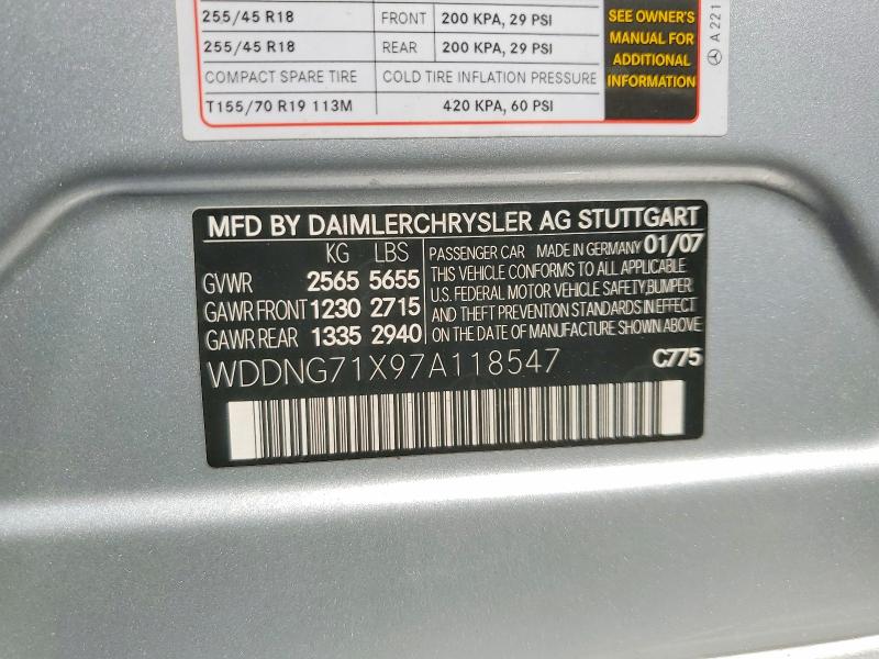 62402446 :رقم المزاد ، WDDNG71X97A118547 vin ، 2007 Mercedes-benz S مزاد بيع