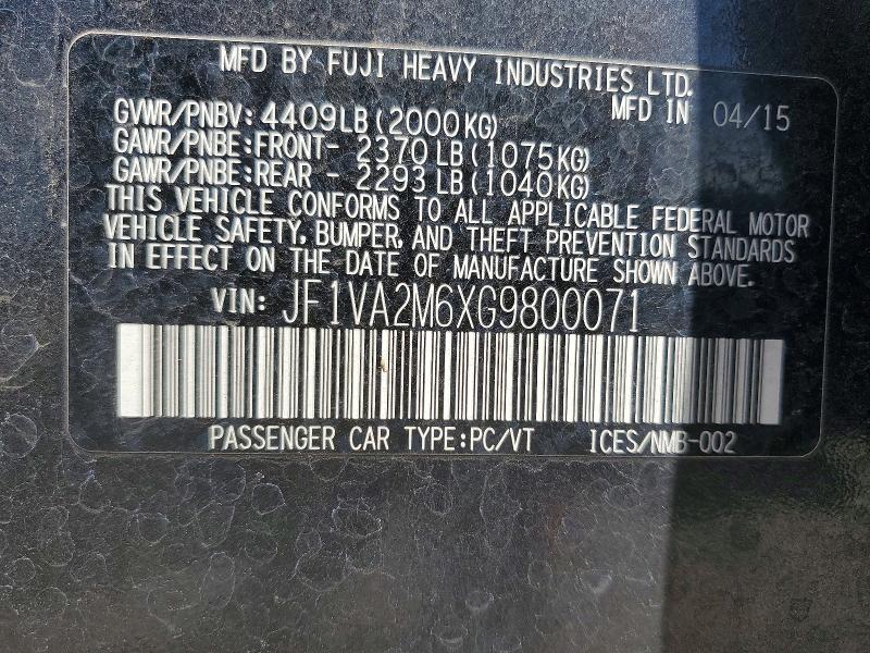 Aukcja sprzedaży 2016 Subaru Wrx, vin: JF1VA2M6XG9800071, numer aukcji: 61342546