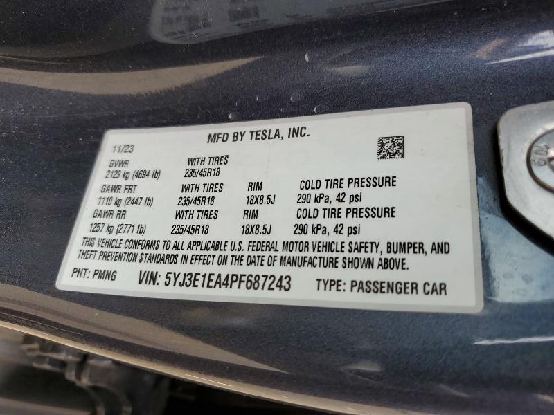 Aukcja sprzedaży 2023 Tesla Model 3, vin: 5YJ3E1EA4PF687243, numer aukcji: 59398986