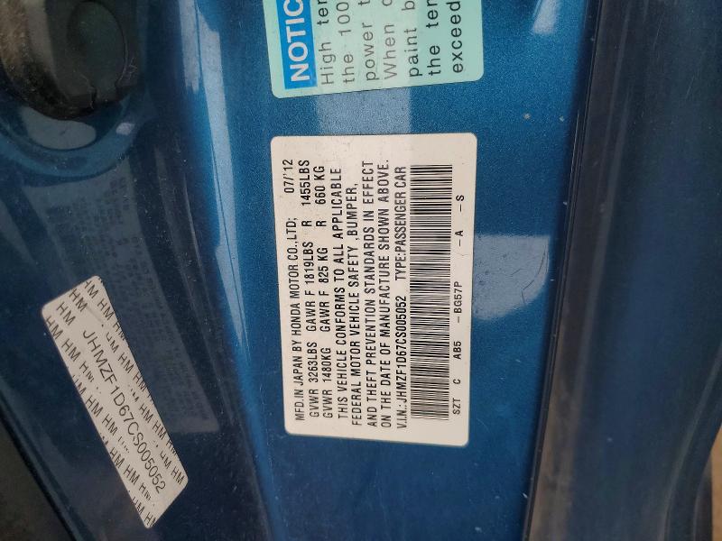 Aukcja sprzedaży 2012 Honda Cr-z, vin: JHMZF1D67CS005052, numer aukcji: 60773226