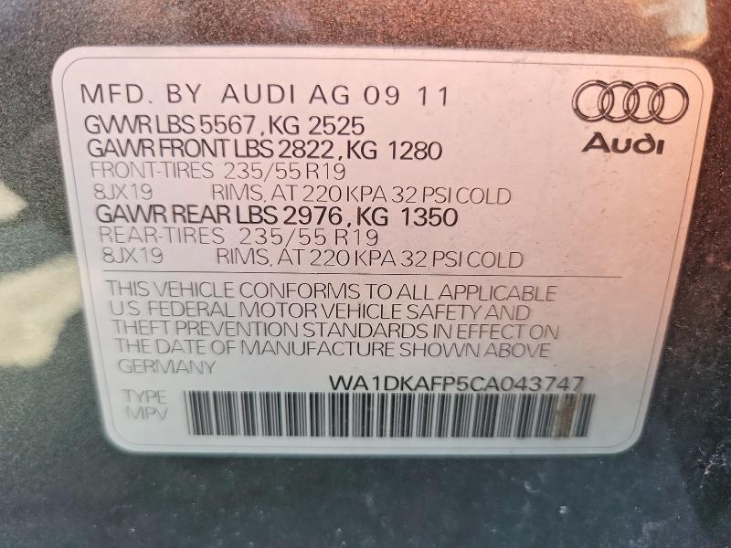 2012 Audi Q5 მანქანა იყიდება აუქციონზე, vin: WA1DKAFP5CA043747, აუქციონის ნომერი: 61929776