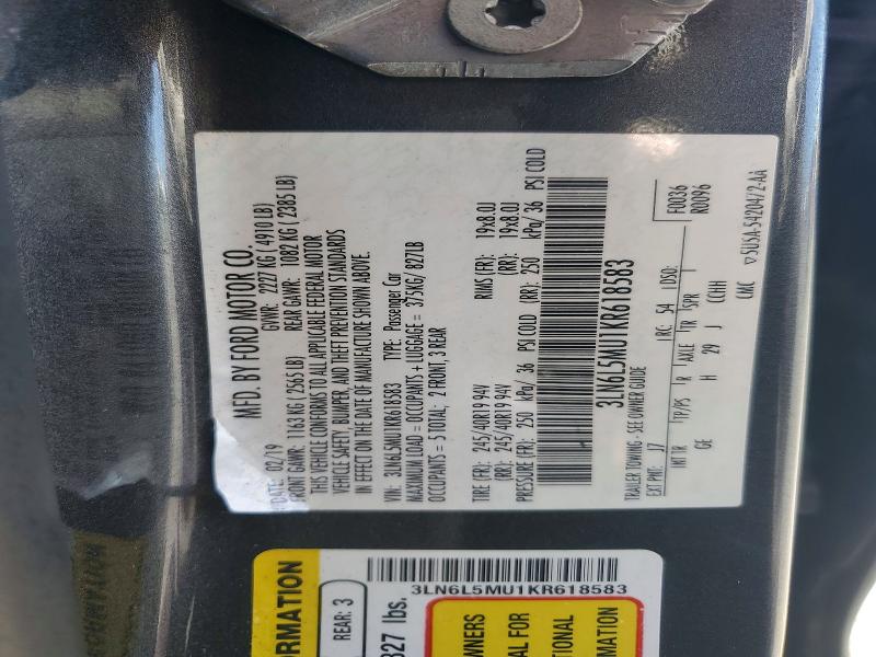 Aukcja sprzedaży 2019 Lincoln Mkz, vin: 3LN6L5MU1KR618583, numer aukcji: 60668006