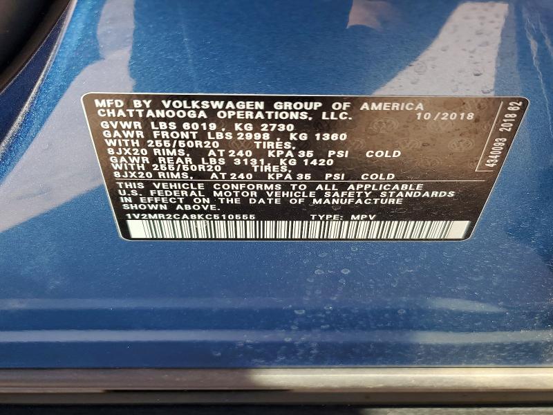 2019 Volkswagen Atlas მანქანა იყიდება აუქციონზე, vin: 1V2MR2CA8KC510555, აუქციონის ნომერი: 61392816