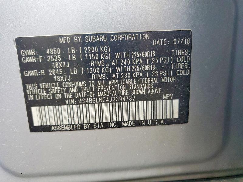 2018 Subaru Outback მანქანა იყიდება აუქციონზე, vin: 4S4BSENC4J3394732, აუქციონის ნომერი: 60674026