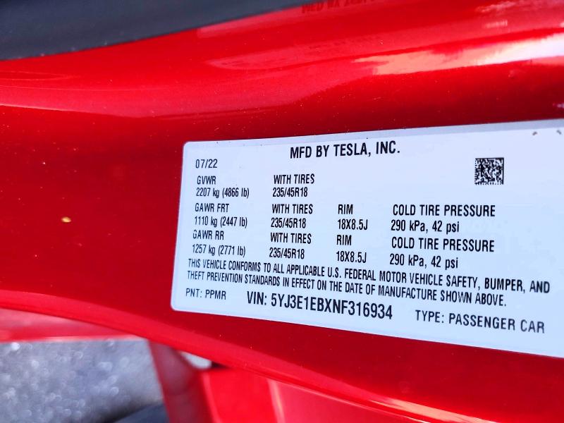 Aukcja sprzedaży 2022 Tesla Model 3, vin: 5YJ3E1EBXNF316934, numer aukcji: 61180726