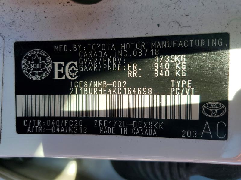 2019 Toyota Corolla მანქანა იყიდება აუქციონზე, vin: 2T1BURHE4KC164698, აუქციონის ნომერი: 62129216