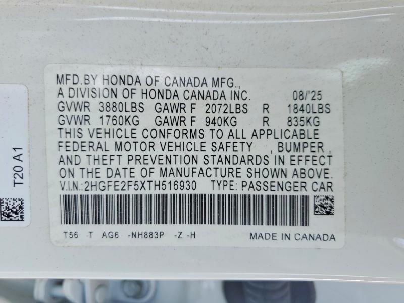 Продаж на аукціоні авто 2026 Honda Civic, vin: 2HGFE2F5XTH516930, номер лоту: 59659356