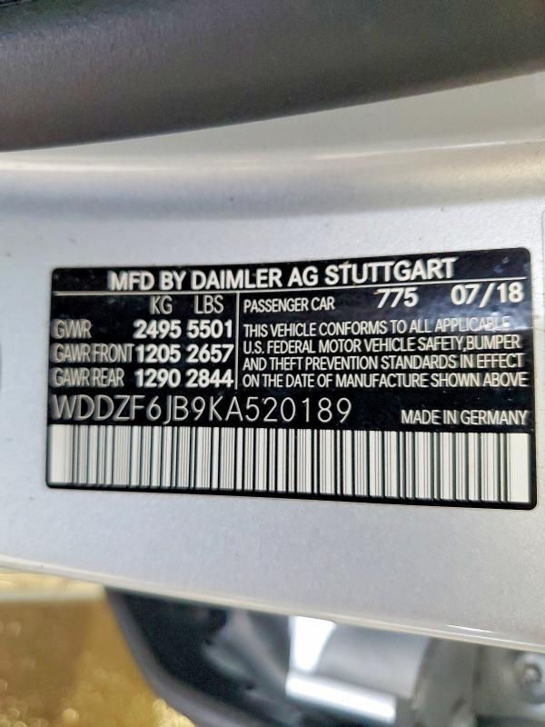 60297016 :رقم المزاد ، WDDZF6JB9KA520189 vin ، 2019 Mercedes-benz E مزاد بيع