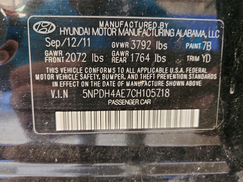 2012 Hyundai Elantra მანქანა იყიდება აუქციონზე, vin: 5NPDH4AE7CH105718, აუქციონის ნომერი: 59273146