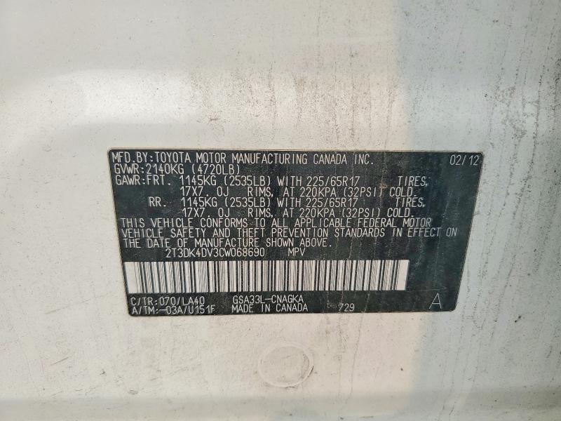 Продаж на аукціоні авто 2012 Toyota Rav4, vin: 2T3DK4DV3CW068690, номер лоту: 60796766