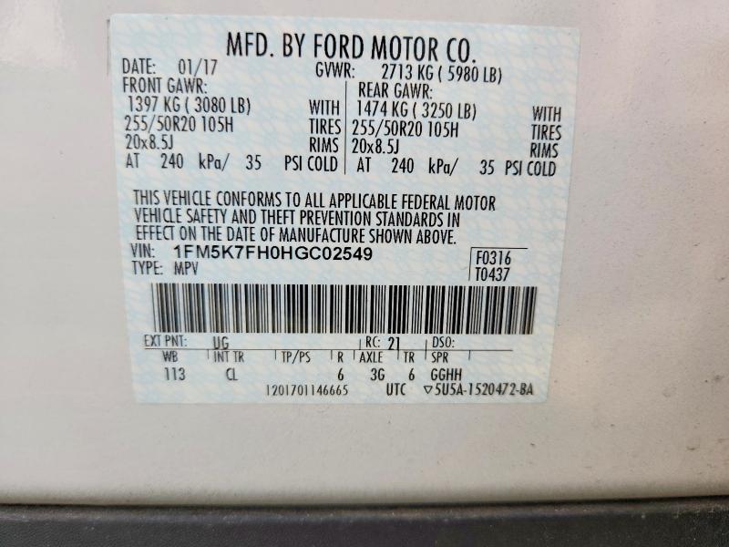 Aukcja sprzedaży 2017 Ford Explorer, vin: 1FM5K7FH0HGC02549, numer aukcji: 61200136