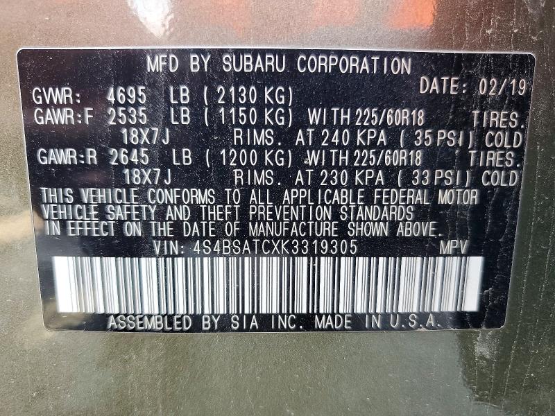 2019 Subaru Outback მანქანა იყიდება აუქციონზე, vin: 4S4BSATCXK3319305, აუქციონის ნომერი: 61148996