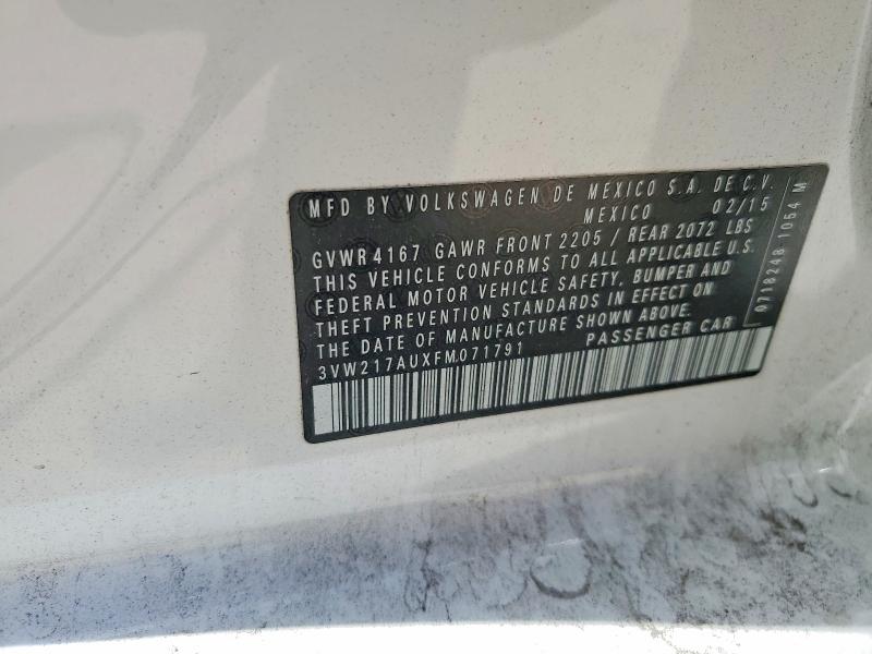 2015 Volkswagen Golf მანქანა იყიდება აუქციონზე, vin: 3VW217AUXFM071791, აუქციონის ნომერი: 61892266