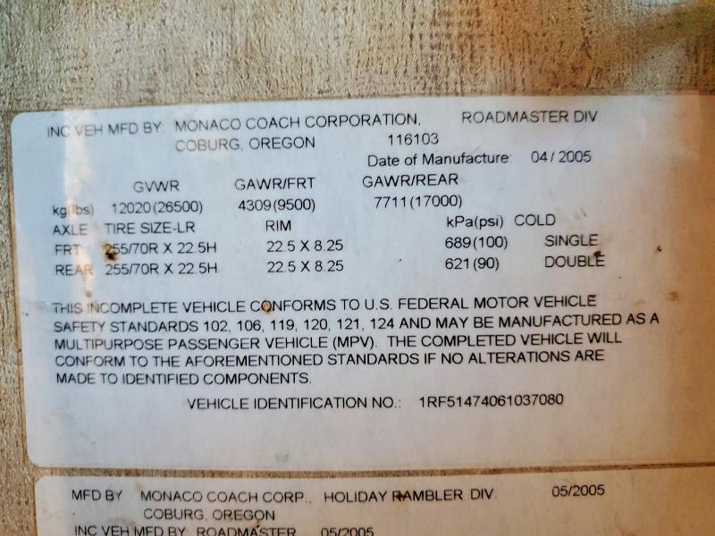 Aukcja sprzedaży 2006 Holiday Rambler Recreational Vehicle (rv), vin: 1RF51474061037080, numer aukcji: 60519626