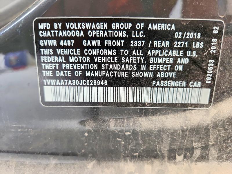Продажа на аукционе авто 2018 Volkswagen Passat, vin: 1VWAA7A30JC028946, номер лота: 60719506