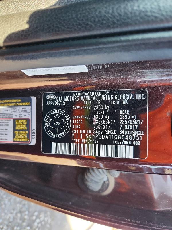 Aukcja sprzedaży 2016 Kia Sorento, vin: 5XYPGDA11GG048751, numer aukcji: 61383026