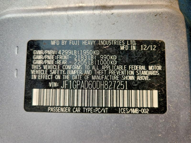 Продаж на аукціоні авто 2013 Subaru Impreza, vin: JF1GPAD60DH827251, номер лоту: 60948846