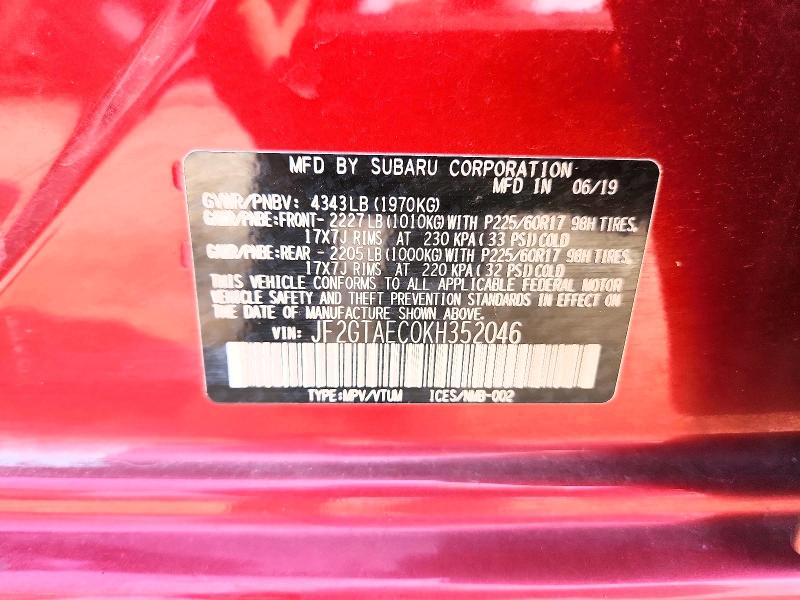 Aukcja sprzedaży 2019 Subaru Crosstrek, vin: JF2GTAEC0KH352046, numer aukcji: 62112136