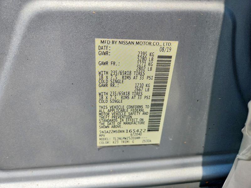 62773756 :رقم المزاد ، 5N1AZ2MS0KN165422 vin ، 2019 Nissan Murano مزاد بيع