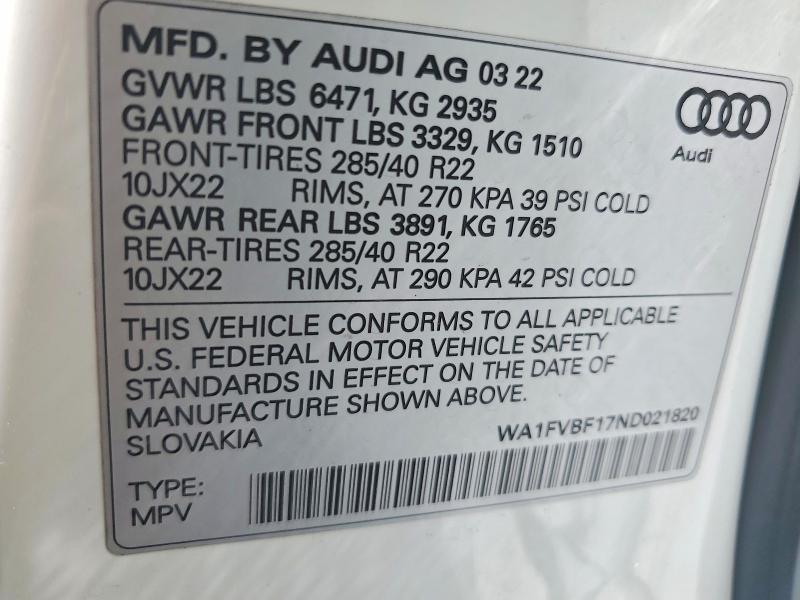 Продажа на аукционе авто 2022 Audi Q8, vin: WA1FVBF17ND021820, номер лота: 60330346