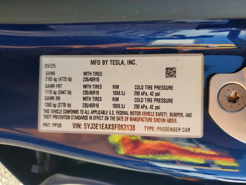 Aukcja sprzedaży 2025 Tesla Model 3, vin: 5YJ3E1EAXSF083138, numer aukcji: 62916416