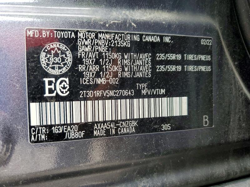 Aukcja sprzedaży 2022 Toyota Rav4, vin: 2T3D1RFV5NC270643, numer aukcji: 63138276