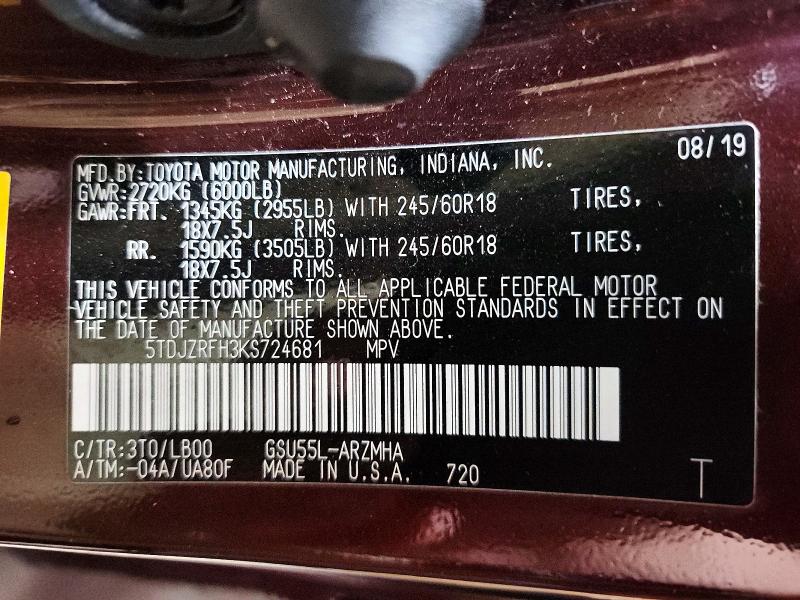 60402266 :رقم المزاد ، 5TDJZRFH3KS724681 vin ، 2019 Toyota Highlander مزاد بيع