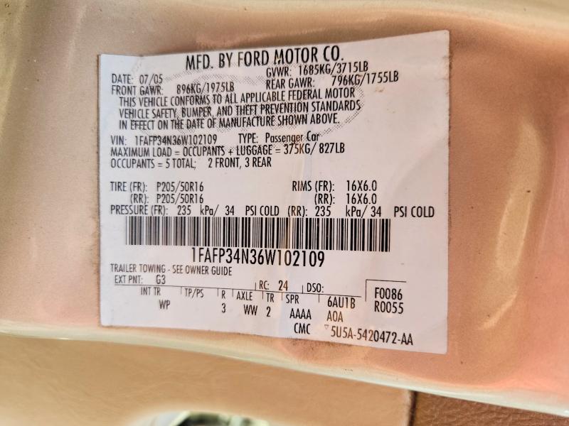 2006 Ford Focus მანქანა იყიდება აუქციონზე, vin: 1FAFP34N36W102109, აუქციონის ნომერი: 62592256