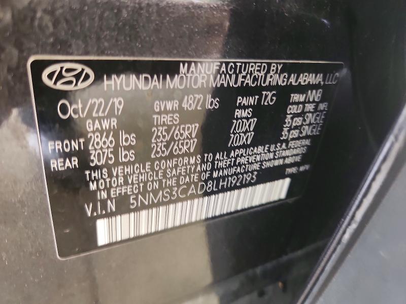 Продажа на аукционе авто 2020 Hyundai Santa Fe, vin: 5NMS3CAD8LH192193, номер лота: 59989336