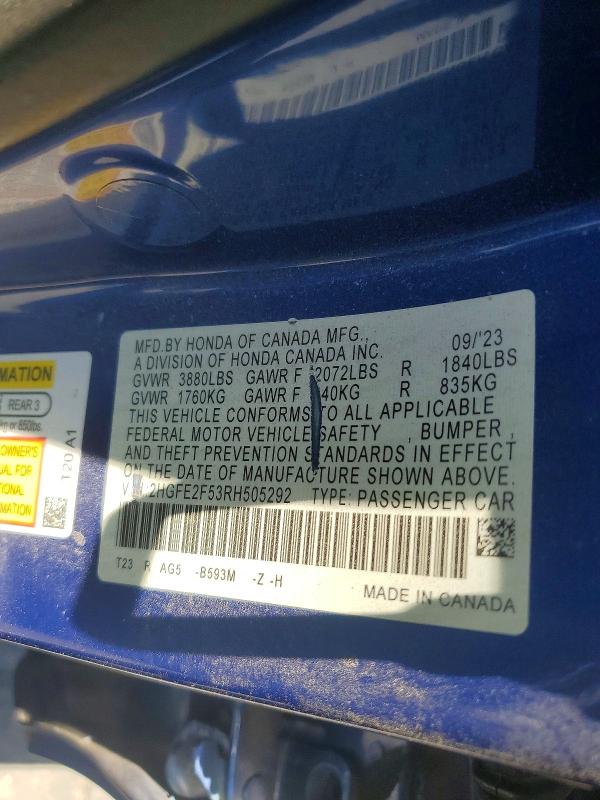 Продажа на аукционе авто 2024 Honda Civic, vin: 2HGFE2F53RH505292, номер лота: 58844356