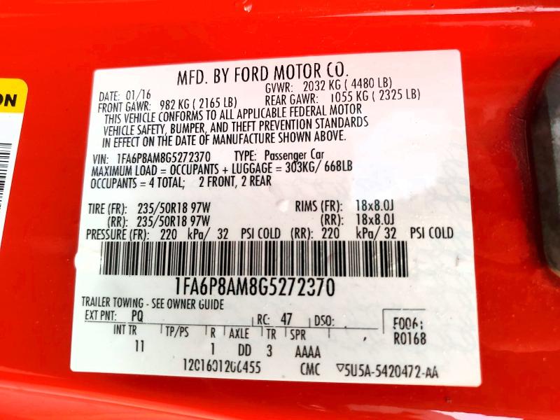 61964546 :رقم المزاد ، 1FA6P8AM8G5272370         vin ، 2016 Ford Mustang مزاد بيع